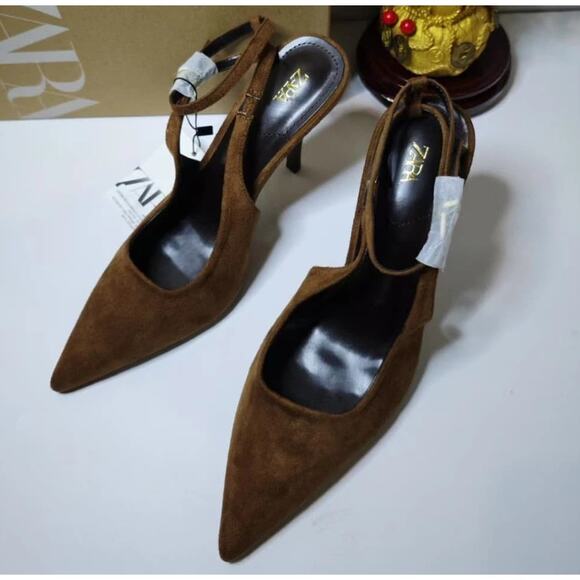 RARE!!! ZARA Brown Suede Leather Slingback Heels NWT 🤎 - Picture 10 of 16